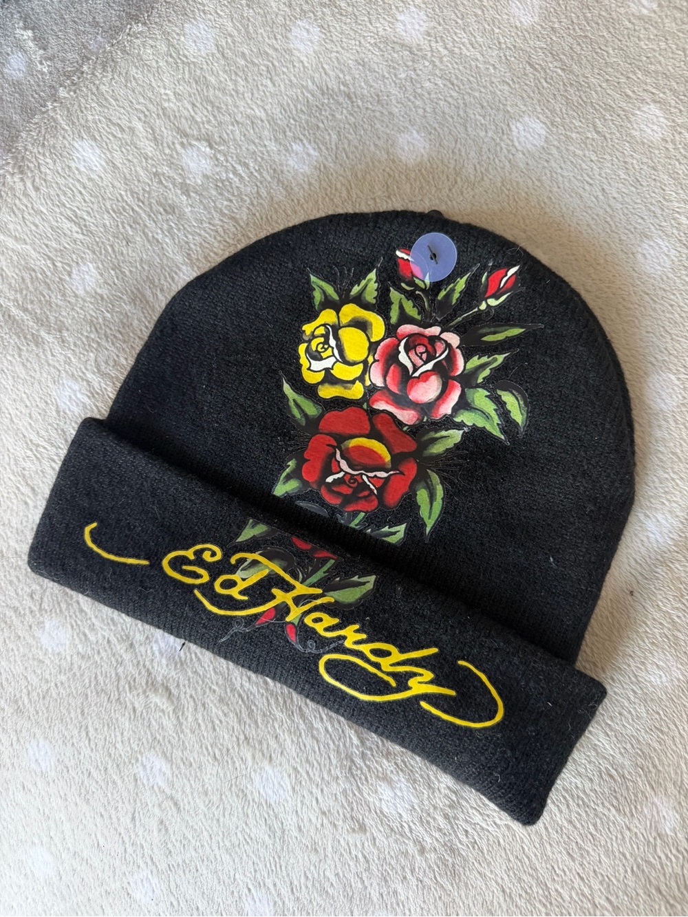 Ed Hardy Black Beanie with Yellow Script and Red, Pink & Yellow Floral
